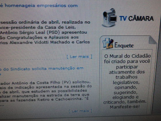 Página da Câmara Municipal - destaque para acesso da TV Câmara
